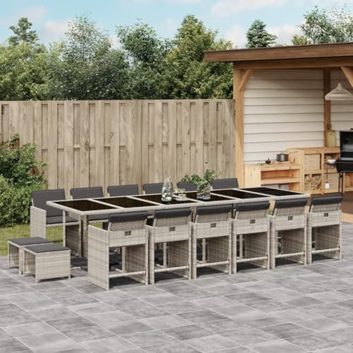 Homgoday 17-TLG. Garten-Essgruppe mit Kissen mit Kissen Gartenmöbel Set Gartentisch mit Stuhl Balkonmöbel Tisch mit Glasplatte Sitzgruppe für Garten Terrasse Hellgrau Poly Rattan
