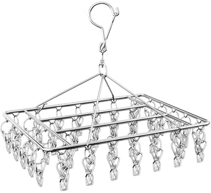 Stainless Steel Sock Drying Rack, Sock Hanger with 40 Pegs and Swivel Hook, Metal Underwear Hanger for Washing Line, Windproof Laundry Square Hanger for Socks, Underwear and Small Items