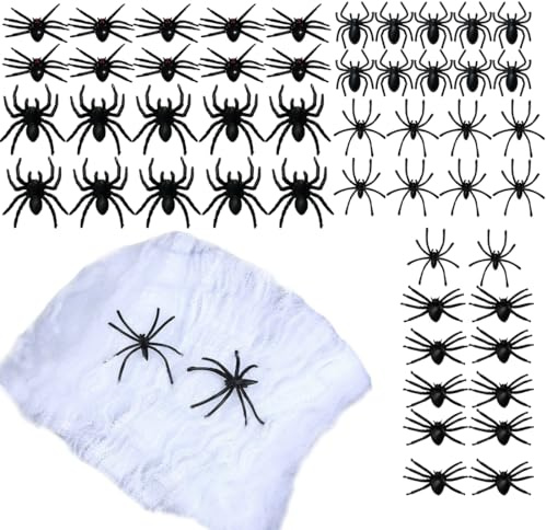 52 ragni finti, ragnatela bianca, 1 pezzo copertura ragnatela spaventosa all'aperto, ragnatela per decorazione spaventosa festa di Halloween, decorazione di Halloween ragnatela retrattile