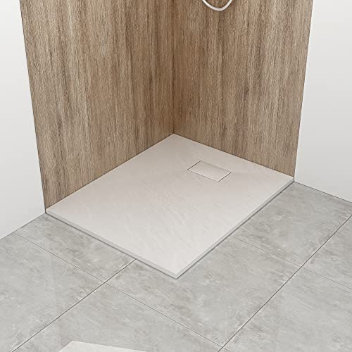 WITEN&NOCK flache SMC Duschtasse 100x90cm Steinoptik Anti-Rutsch 32mm weiß | Ø90mm DIN-Anschluss, bruchfest, zuschneidbar, Vielseitige Montage, hygienisch, einfach zu reinigen für Duschkabine Duschwand