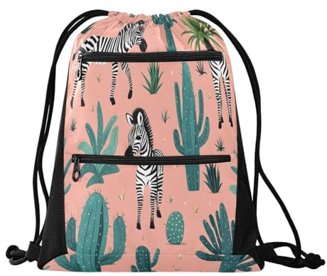 Quteprint Sport Drawstring Backpack for Men Women, Zebra Cactus Tree Water Resistant Drawstring Bags Sackpack for Gym Swim Beach Yoga Dance, String Backpack with Zipper Pockets, Multicolor, 13.8 x