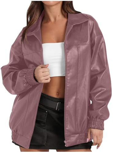 Yolimok Leather Jacket for Women UK Sale,Faux Leather Oversized Coats with Pockets Women's Waterproof Jacket Long Sleeves Zip Up Motorcycle Bomber Jackets Y2k Tops Outfits Winter Coat Clothes