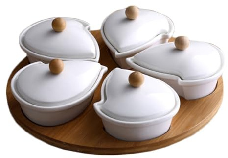 AIXILAN Trockenobsttablett, Serviertablett for Nüsse und Süßigkeiten, Set aus 5 Keramik-Servierschalen mit Holztablett, Keramik-Nussschale Lazy Susan Snack-Tablett mit Deckel Dip-Serviertablett