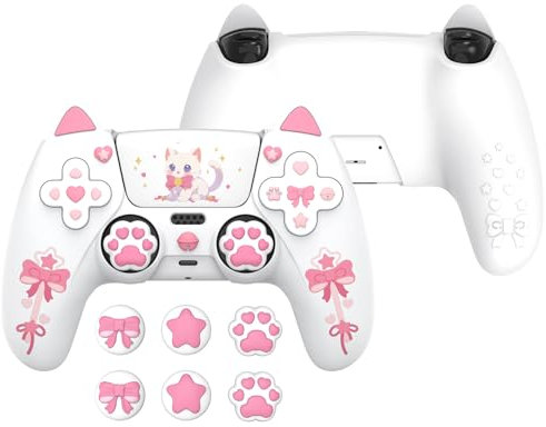 PlayVital Coque Manette pour ps5 Compatible avec Station de Charge avec 6 Capuchons Joystick & Autocollants,Houss de Protection Silicone Antidérapant-Blanc,Design Sweetheart Kitty