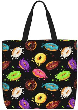 KoloQren Borsa a tracolla con cerniera di grande capacità, con stampa a ciambella, borsa riutilizzabile per generi alimentari, borsa da spiaggia e da viaggio, nera, taglia unica, Nero, One Size