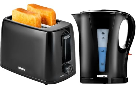 GEEPAS 1.7L Electric Kettle & 2 Slice Bread Toaster Kitchen Combo Set | 2200W Cordless Jug Kettle, Boil Dry Protection, Auto Shut Off | 650W 6 Browning Control, Crumb Tray