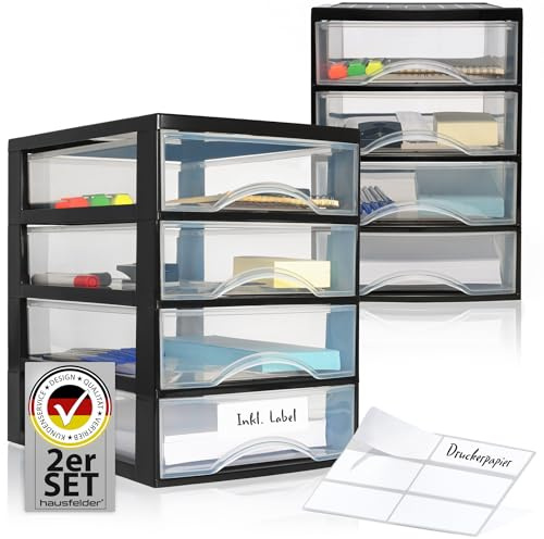 Hausfelder Schubladenbox A4, 2 Stück je 4 Schubladen, Schwarz Transparent