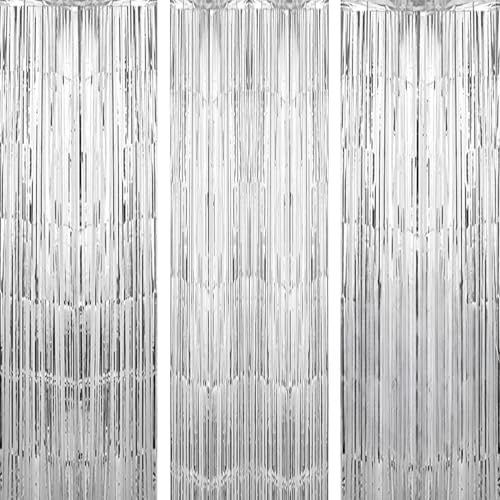3 Stück Lametta Vorhang Silber, Glitzervorhang Lametta, Glitzer Tinsel Folie Fransen Dekoration für Party Deko, Geburtstagsfeier, Hochzeit, Festivals Bühnendekor, Disco Party, Baby Shower (1m x 3m)