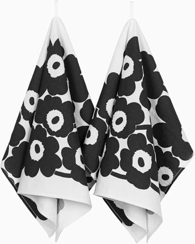 MARIMEKKO Unikko Organic Cotton Linen Kitchen Towel Set of 2 — Refine Your Kitchen Décor with Our Floral Patterned Towels — Stylish and Functional Black and White Towels (28 in x 19 in Each)