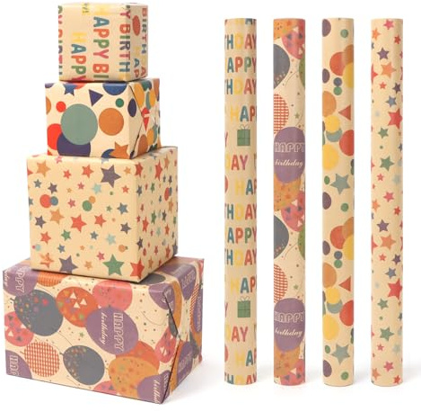 PARTY GO Carta da regalo per compleanno, marrone, 4 rotoli da 43 x 300 cm, carta da regalo per bambini, ragazze, ragazzi, colore naturale, con motivo misto marrone e colorato, regalo di compleanno