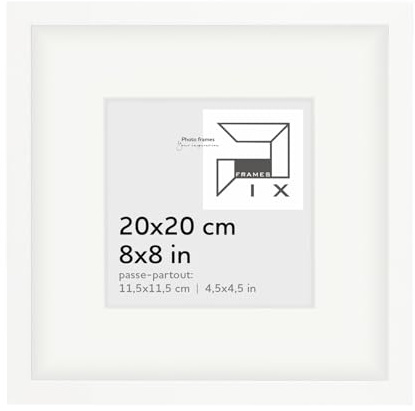 Pix FRAMES Bilderrahmen 20x20cm mit Passepartout - Weiß | Holzbilderrahmen mit Plexiglas Scheiben - Bilderrahmen Holz zum Aufhängen - Wooden Picture Frame - Photo Frame zum Aufstellen