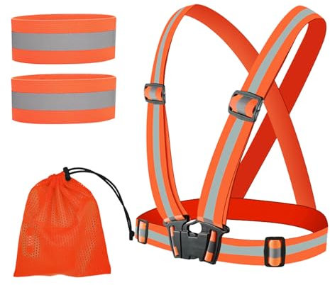 Flearitzo Gilet de Sécurité Gilet Réfléchissant de Vélo et 2 Bracelets Réfléchissants Haute Visibilité Gilet de Sécurité Réglable pour la Course à Pied,Le Cyclisme,la randonnée et la Moto (Orange)