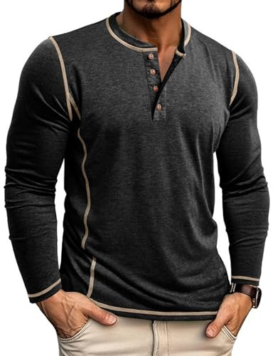 Mens Long Sleeve T Shirt Henley T-Shirts Cotton Casual Collarless Grandad Shirts Black XXL