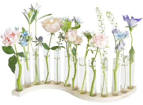 Test Tube Vases for Flowers，Small Plant Propagation Station，S Shape Plant Terrarium with Wooden Stand(Light Wood)