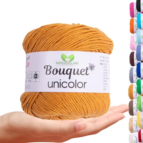 MeriWoolArt Bouquet Baumwollgarn Senfgelb – 100% Baumwolle – Häkelgarn & Strickgarn – 100g, 200m – Ideal für Tücher, Babydecken, Amigurumi, Sommerkleidung & Wohnaccessoires