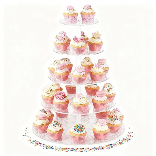 5 våningar akryl cupcake-stativ, stort vågmönster tårtstöd dessertbakverk torn muffinsställ för bröllop, födelsedag, temafest, babyparty