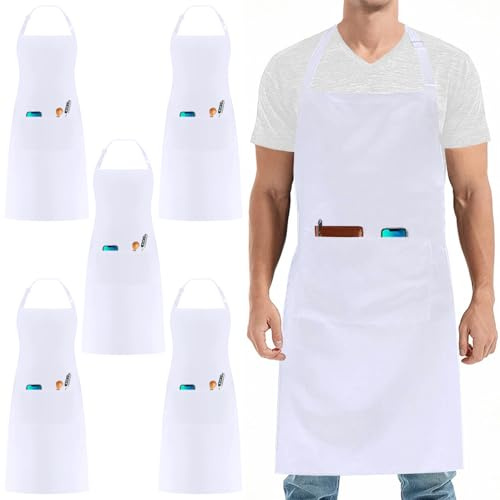 umboom 5 Pezzi Bianco Grembiule, Regolabile Cuoco Grembiule con 3 Tasche per Donne e Uomini, Professionale Lavoro Grembiule per Scuola, Cucina, Ristorante, Bistrot, Bar, Caffetteria, Giardino