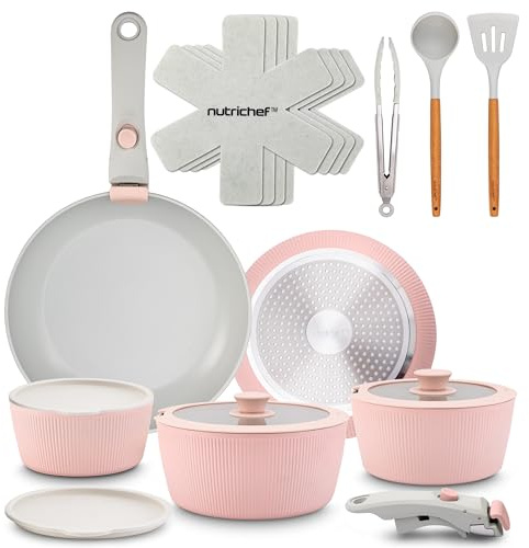 NutriChef Topfset 18 Teilig Keramik Rosa mit Abnehmbaren Griffen Induktion Topf und Pfannenset Antihaft Platzsparend Stapelbar Ofenfest Alle Herdarten