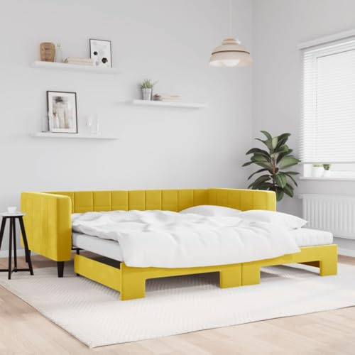QJBSAVVA Ausziehbett 2in1 100x200 Samt Gelb mit Matratze & Rollrost Massivholz Sofa Gästebett