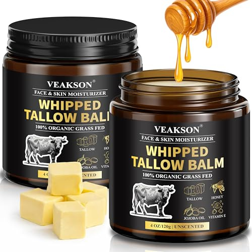 Whipped Beef Tallow Cream 2 unidades, sebo de vacuno Skincare, 100% sebo de ternera y bálsamo de miel, sebo para el cuidado de la piel, crema hidratante para rostro y cuerpo, sin perfume, 120 g