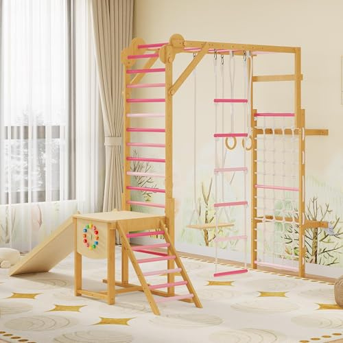 PeakPursuit 8-in-1 Indoor Jungle Gym for Kids Ages 3-10 – Wooden Climbing Structure with Slide, Swing, Monkey Bars, Gymnastic Rings, Climbing Rope – Indoor Playground Toy – Natural Wood Color