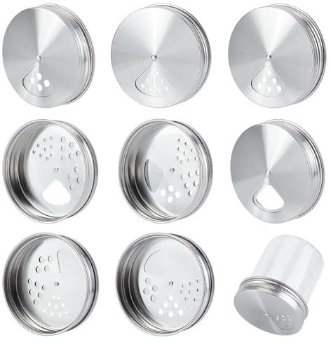 WEBEEDY 8 pezzi Mason Jar Coperchio in acciaio inox regolabile versatore dispenser agitatore superiore spezie accessori con agitatore e opzioni di fusione per erbe aromatiche sale pepe casa