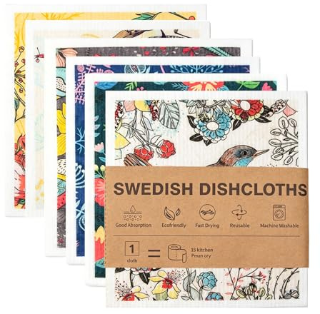 HIVTE Paños suecos - Pack de 6 bayetas Reutilizables biodegradables, paños de Esponja súper absorbentes para Limpieza de Cocina (Flores y Pájaros)