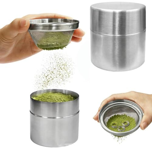 Juego de tamiz de polvo y caja de almacenamiento, recipientes de acero inoxidable con anillos agitadores, contenedor de matchas con tapas, organizador de té en polvo para cocina, bar de té y estación