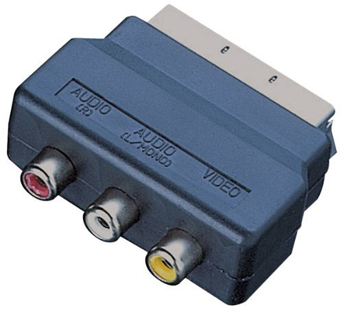 Schwarz Scart-Adapter mit Scart-Stecker und 3 Cinch-Buchsen (Audio Video In)
