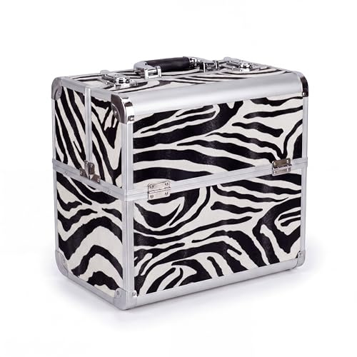 N&BF Profi Kosmetikkoffer groß | 35 x 22 x 36 cm | Beautycase Zebra Design | robuster Nagelkoffer aus Aluminium | Viel Stauraum | Aufklappbare Fächer auf Zwei Etagen verteilt | pflegeleicht