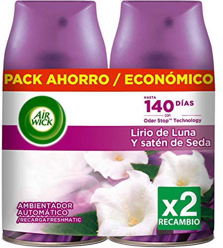 Air Wick Freshmatic - Recambio de Ambientador Spray Automático, Aroma a Lirio de Luna y Satén de Seda, 2 x 250ml