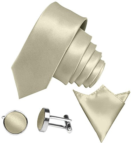 GASSANI Set Cravatta Uomo 3 Pezzi Panna, Cravatta Lucida Matrimonio, Larghezza 6 cm, Gemelli, Pochette Taschino