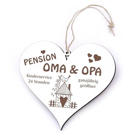 Deko Herzschild „Pension Oma & Opa“ aus Holz – liebevolles Geschenk für Großeltern, Wandschild mit Spruch, 24 Stunden Kinderservice, ganzjährig geöffnet – Dekoration zum Aufhängen