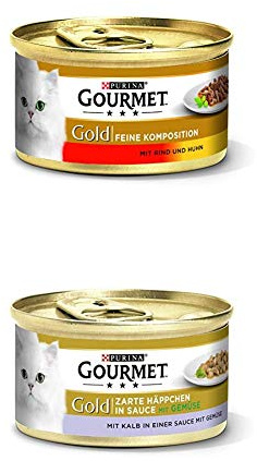 Gourmet Gold Katzenfutter 24er Mix-Pack (2 x 12 x 85g) Komposition Rind/Huhn und Häppchen Kalb