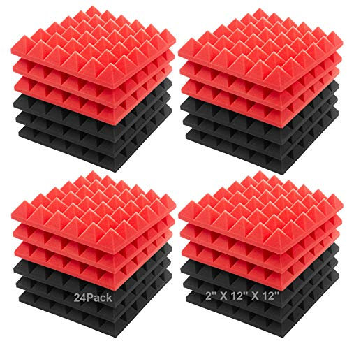JBER Akustische Schallschaumplatten, 24 Stück 5 x 30 x 30 cm Holzkohle Schallschutzbehandlung Studio Wandpolsterung Schallabsorbierende feuerfeste Pyramiden Wandplatte (Schwarz und Rot)