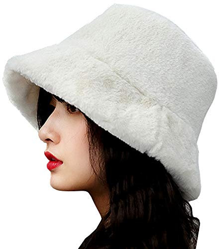 LLZ.COQUE Damen Hut Winter Weiche Kunstpelz Flauschige Fischerhut Breite Krempe Fellmütze Winter Warme Mütze für Mädchen Weiß