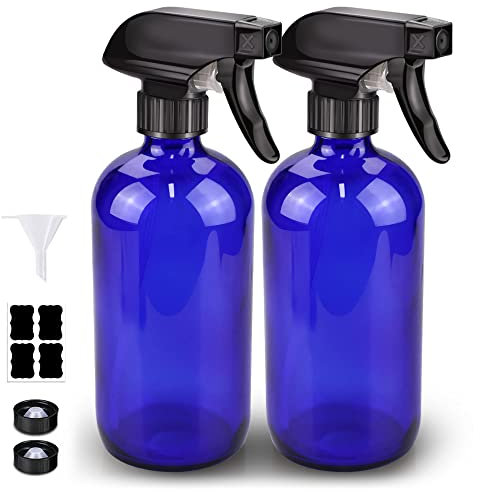 Bontip Glass Spray Bottle, Blue Glass Spray Bottle Set & Accessories Refillable for Plants Window Cleaners Aromatherapy Facial Hydration Watering Flowers Hair Care (2 Pack/16 oz) (Blue)