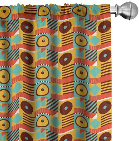Ambesonne Retro Window Curtains, Disc Shaped Circles Stripes Triangles Ellipse Hipster Urban Interior, Lightweight Decor 2-Panel Set with Rod Pocket, Pair of - 28 x 84, Marigold Burgundy
