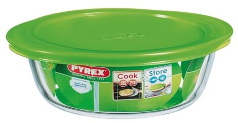 Pyrex Microwave Safe Classic Round Glass Dish with Vented Lid 1Litre Green (Pack of 2)
