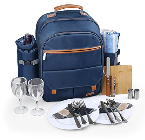 Sunflora Isolerad picknickryggsäck för 2-personers väska med kylfack, vinpåse, filt och rostfritt stål bestickset för par, älskare och vänner (marinblå)