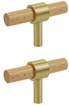 Semetall Schrankknäufe aus massivem Holz, Messing, modern, für Küche, Holz, goldfarben, Möbelbeschläge, 6 cm, Einloch, 2 Stück