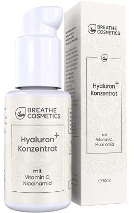 Hyaluron Serum hochdosiert 3 fach Komplex mit Vitamin C & Niacinamid | Anti Aging Straffung & Porenverfeinerung von Breathe Cosmetics® vegan mit wertvoller Aloe Vera, Urea und Zink | 50ml