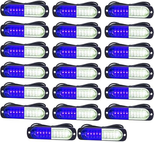 Luces LED estroboscópicas para automóvil,10LED Blanco/Azul Advertencia de emergencia Barra de luz estroboscópica intermitente para vehículos todoterreno, vehículos todo terreno (20PCS)