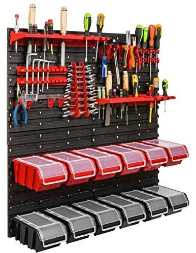 Lagersystem Werkstattregal | 78 x 78 cm | 12 stck. Box | Wandregal mit Werkzeughalterungen und Stapelboxen - Wandplatten Extra Starke Schüttenregal Warkzeuglochwand Lagerregal Garage Regal (7)