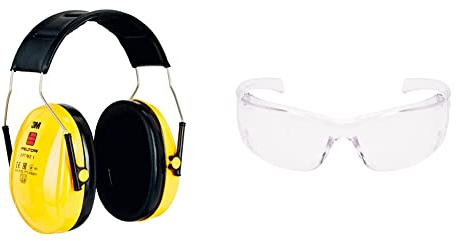 Peltor 3M Optime I Kapselgehörschutz mit Kopfbügel, gelb & 3M Virtua AP Schutzbrille - Augenschutz, UV Schutz - Transparente, kratzfeste Schutzbrille für Industrie und Gewerbe, 26 g leicht