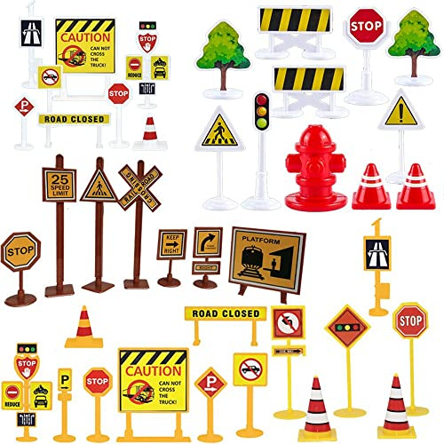 Fycooler Jouets de Signalisation Routière - Set de Panneaux de signalisation, Jeu d'accessoires pour véhicules et chemins de Fer Signalisation Routière Accessoires de Route - 41 Pièces