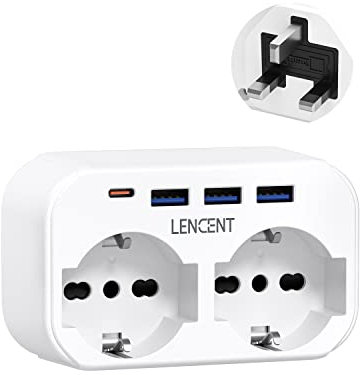 LENCENT Adattatore Presa Inglese da Viaggio, Spina UK con 2 Prese AC e 3 USB e 1 USB-C, 3250W Adattatore Spina Regno Unito per Gran Bretagna, Irlanda, Dubai, Maldive, Spina di Tipo G per Viaggio