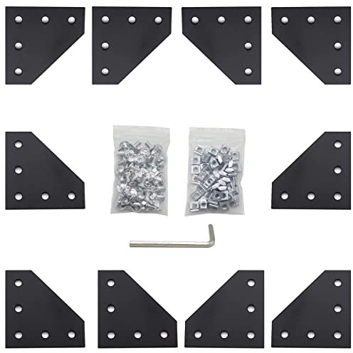 10-Stück L-förmige Eckhalterungs-Verbindungsplatte mit 50-Stück M5-T-Muttern + 50-Stück M5-Schrauben + 1-Stück Schraubenschlüssel für Standard-Aluminium-Extrusionsprofil mit 6 mm Schlitz 2020