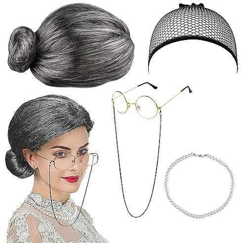 SPERMUOY Old Lady Kostüm Großmutter Cosplay Zubehör Set mit Oma Perücke Perlenkette Oma Brille Brillenketten Kordelriemen Kostümzubehör,Oma Perücke Kostüm für Fasching Karneval Mottoparty Damen(grau)