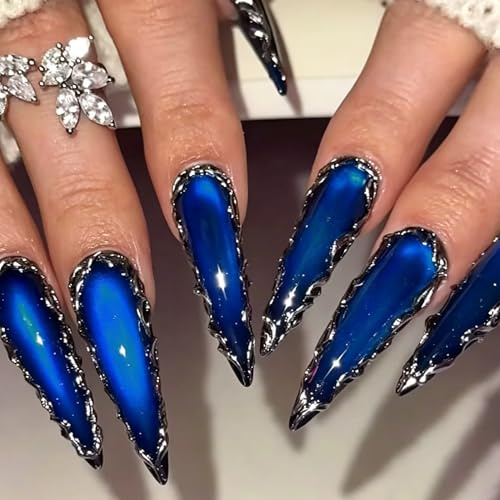 MouyouGlow Press on Nails Lang,Stiletto Halloween Gothic Blau 3D Silber Striped Cat Eye Chrome Punk Design Fake Nails,Blue Silver Twill Artificial Künstliche Fingernägel